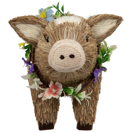 10.25" Brown & Beige Boy Piglet with Floral Wreath Spring Figurine